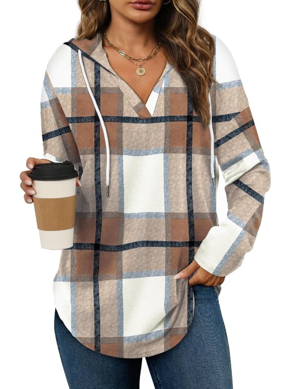 Casual Brown Plaid Long Sleeve Hoodie - Perfect for Every Season and Halloween